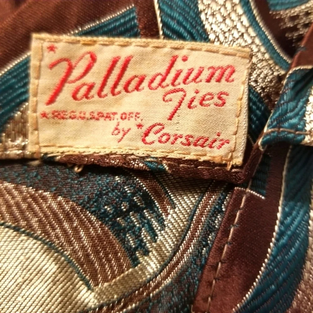 Palladium Corsair Tie Poly Brown Gold Teal 67x3.5 VTG ie No Tipping No Bar Tac